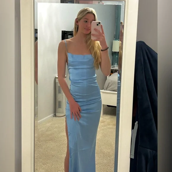 strapless open back dress Unwritten Chapters Blue Floral Corset Embellished Gown | Thigh Split